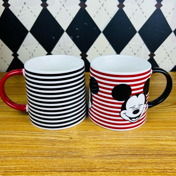 Mickey Mouse Striped Ceramic Mugs, Set of 2 Disney Graphic Black Red Cups - Picture 6 of 8